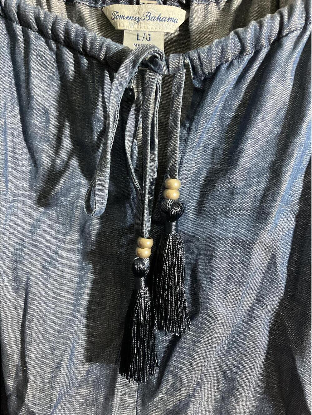 Tommy Bahama Blue Chambray Dress with Embroidered Asymmetrical Hem Large - Picture 9 of 12